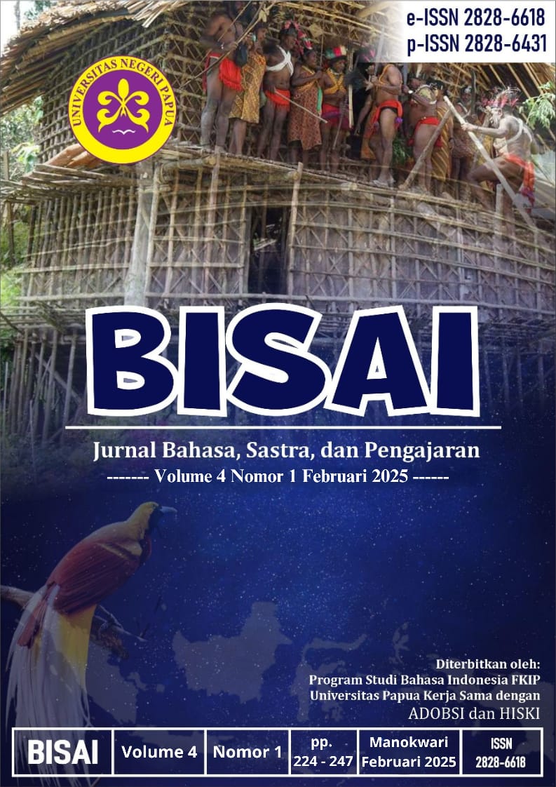 BISAI: Jurnal Bahasa, Sastra, dan Pengajaran  BISAI: Jurnal Bahasa, Sastra, dan Pengajaran is a peer-reviewed scientific open access journal, with e-ISSN 2828-661 and p-ISSN 2828-6431. It has been publishes manuscripts on research in language teaching, literature, and linguistics. Bisai: Jurnal Bahasa, Sastra, dan Pengajaran features research novelties and significance for scientific advancement in one of the fields of the published manuscripts. This journal welcomes submissions from around the world as well as from Indonesia. Manuscripts published including. Linguistics: phonology, morphology, syntax, discourse analysis, psycholinguistics, sociolinguistics, and critical discourse analysis. Literature: local literature studies, Indonesian literature, foreign literature studies, children literature, literature studies for character education, and other literary studies. Indonesian Language and Literature:curriculum development, learning methods, learning materials, learning media, assessment, Indonesian language learning across curricula, information and communications technology in Indonesian language learning, language skills, and other Indonesian language learning analyses. BISAI: Jurnal Bahasa, Sastra, dan Pengajaran is published since 2022.BISAI: Jurnal Bahasa, Sastra, dan Pengajaran is issued semiannually: in February and August.